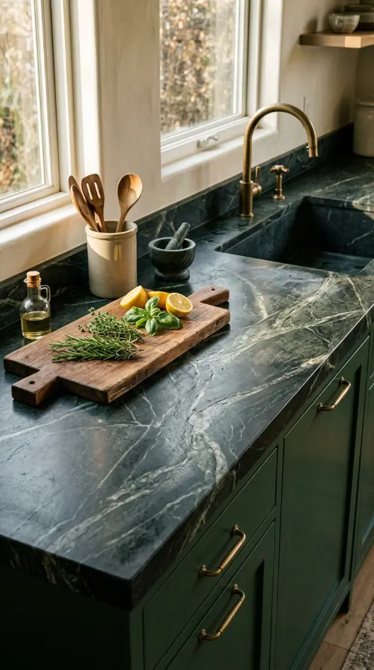 18 Modern Boho Kitchen Ideas Forest Green Soapstone Brass 6 6. Soapstone Counter With Visible Oiled Finish and Natural Veining