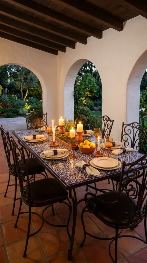18 Outdoor Living Space Design Spanish Revival Arched Tile 6 6. Spanish Revival Outdoor Dining Space With Tile-Topped Table