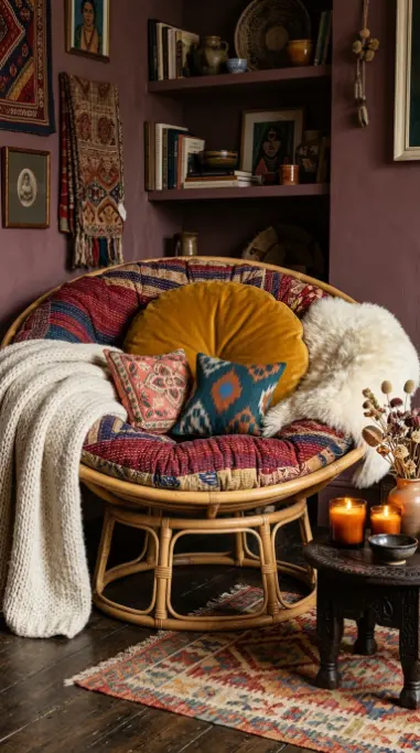 15 Bohemian Chair Ideas With a Cozy Rattan Papasan Look 6 6. Stacked Cushion Papasan — Maximalist Layered Look