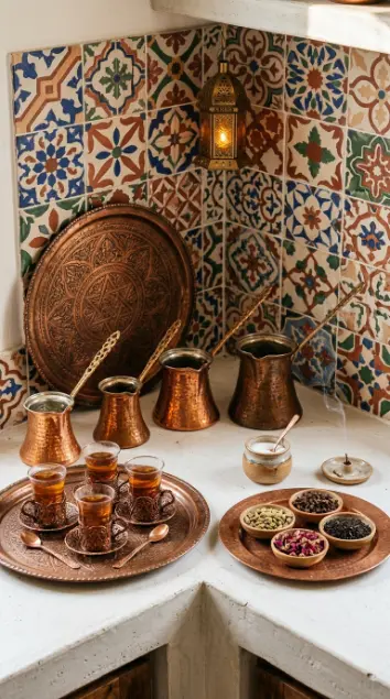 12 Bohemian Kitchen Ideas Global Patchwork Tile Copper Pots 6 6. Turkish and Middle Eastern Copper Coffee Corner