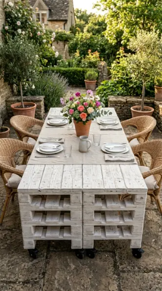 18 Pallet Table DIY Whitewashed Outdoor Patio Wheels 6 6. Use Two Whitewashed Pallet Tables Side by Side as an Outdoor Dining Table