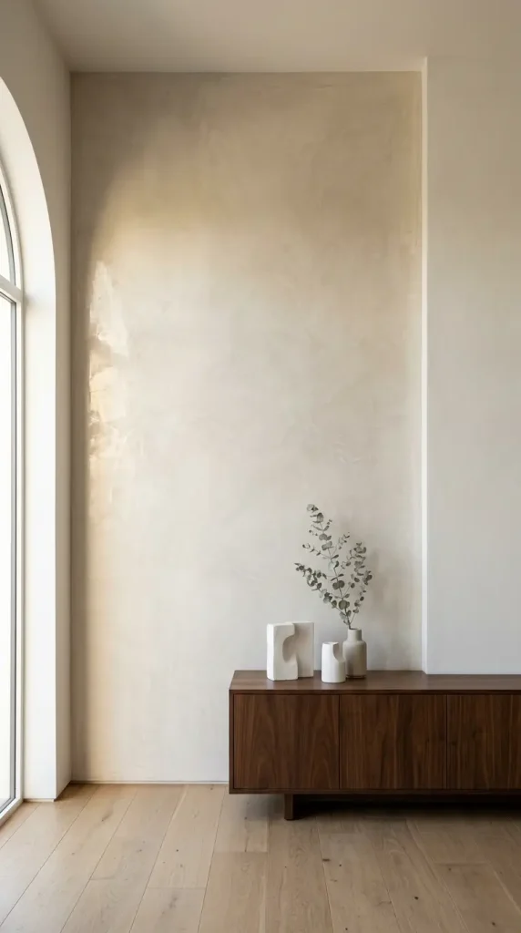 22 Minimalist Living Room Decor Ideas Sculptural Plaster 6 6. Venetian Plaster Accent Panel — Polished Depth on One Wall Section