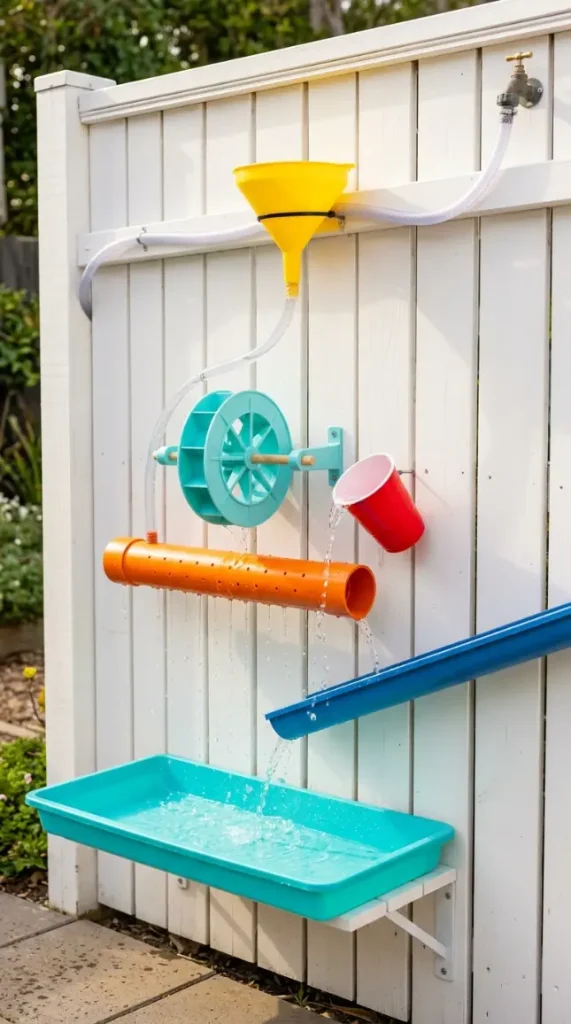 22 DIY Kids Playground Sandbox and Water Table for Small Yards 6 6. Vertical Water Wall Mounted on Fence — No Floor Space Required