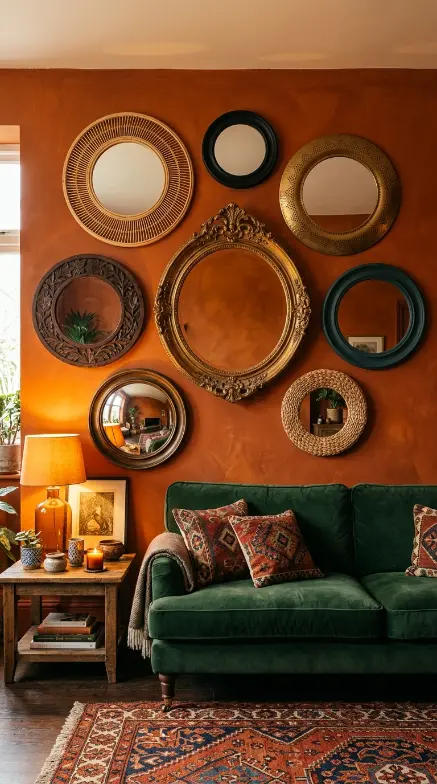17 Bohemian Mirror Gallery Wall Living Room Vintage Eclectic 6 6. Vintage Round Mirror Collection in Varied Frame Materials