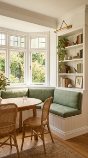 20 DIY Breakfast Nook Bay Window Wraparound Banquette 7 7. Add a Banquette Library Corner With Built In Shelves