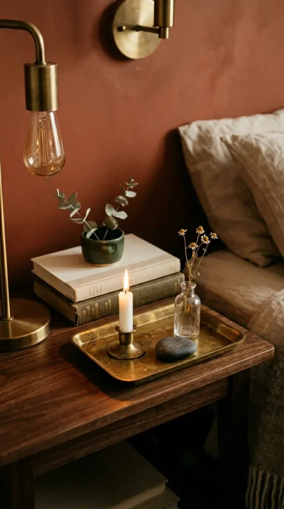 22 Cozy Warm Bedroom Aesthetic Vintage Brass Layered Rugs 7 7. Aged Brass Bedside Tray Vignette