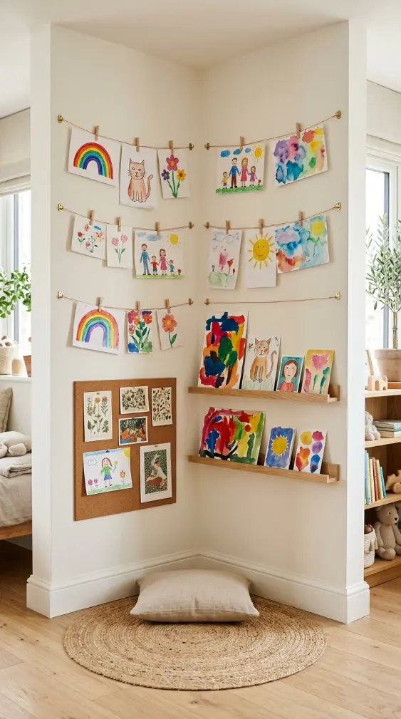 12 Kids Room Corner Decor Inspiration Art Station Creative 7 7. Art Display Corner — Artwork Hanging System for Children's Work