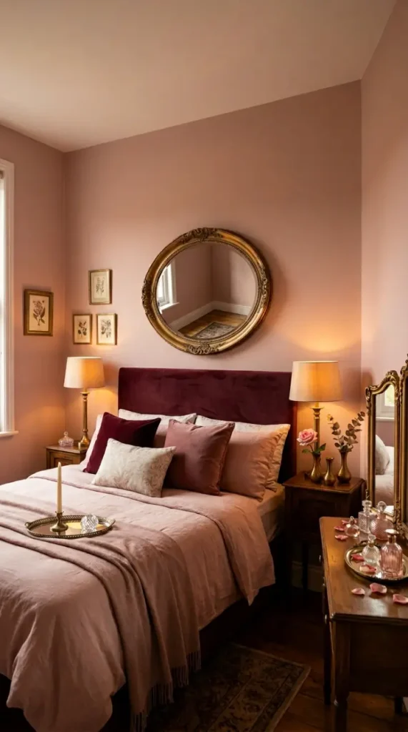 15 Bedroom Decor Colorful Blush Burgundy Romantic Style 7 7. Blush and Burgundy With Aged Brass and Vintage Mirror Accents