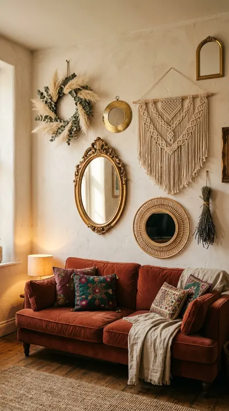 17 Bohemian Mirror Gallery Wall Living Room Vintage Eclectic 7 7. Bohemian Mirror Wall With Macrame and Dried Botanical Mix