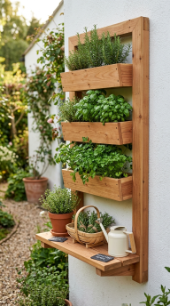 20 Herb Garden Ideas Vertical Wall Mounted Cedar Frame 7 7. Build a Cedar Frame With Integrated Potting Shelf at the Base