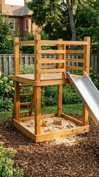 22 DIY Kids Playground With Cedar Swing Set and Slide 7 7. Cedar Playground With Sandbox Integrated Into Tower Base