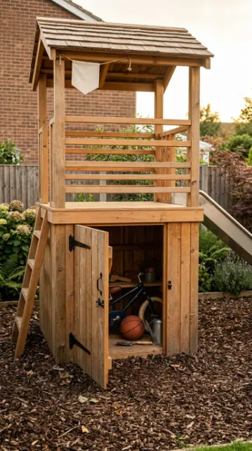 20 DIY Jungle Gym Small Space Compact Tiny Backyard 7 7. Compact Cedar Tower With Understorey Storage