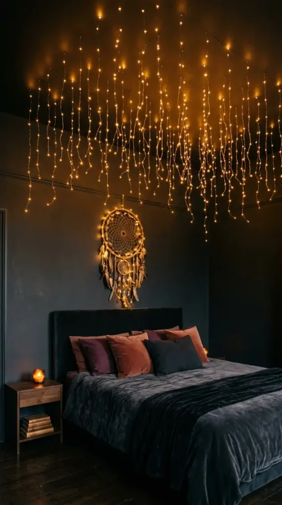 18 Bohemian Bed Dark Charcoal Fairy Light Dreamcatcher 7 7. Dark Charcoal Walls With Warm Fairy Light Constellation