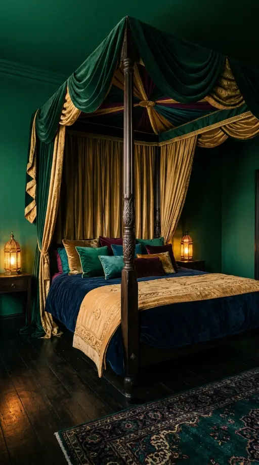 12 Bedroom Decor Colorful Jewel Tone Emerald Gold Moody 7 7. Dark Moody Emerald Bedroom With Canopy or Four-Poster Bed