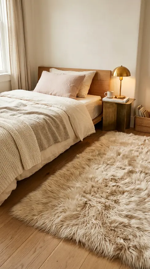 20 Cute Rugs Ideas for Bedrooms That Make You Want to Stay in Bed Forever 7 7. Faux Fur Rug in Soft White or Champagne