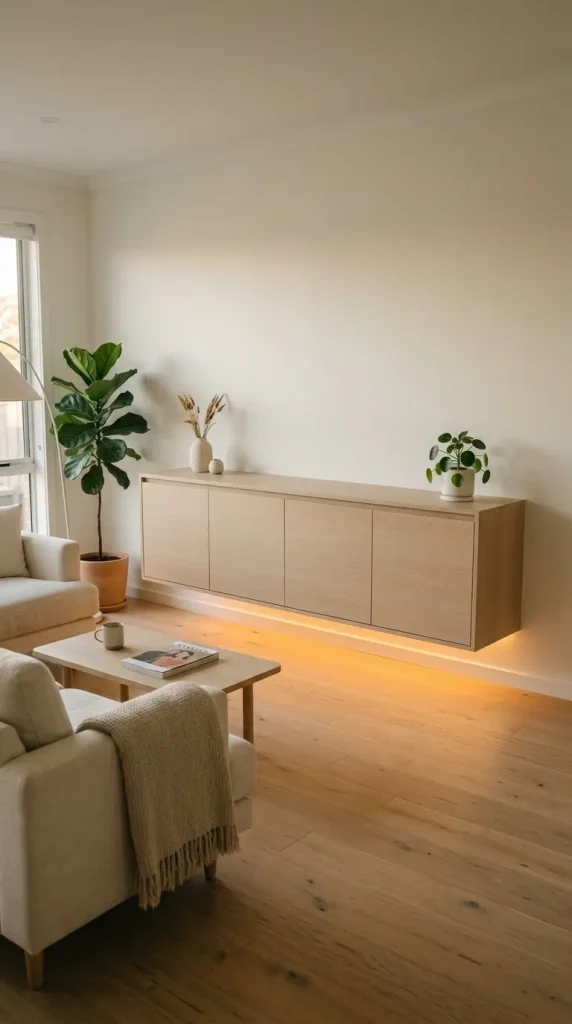 13 Minimalist Living Room Small Spaces Built-In Storage 7 7. Floating Credenza Built-In With Concealed Storage and Warm LED Below