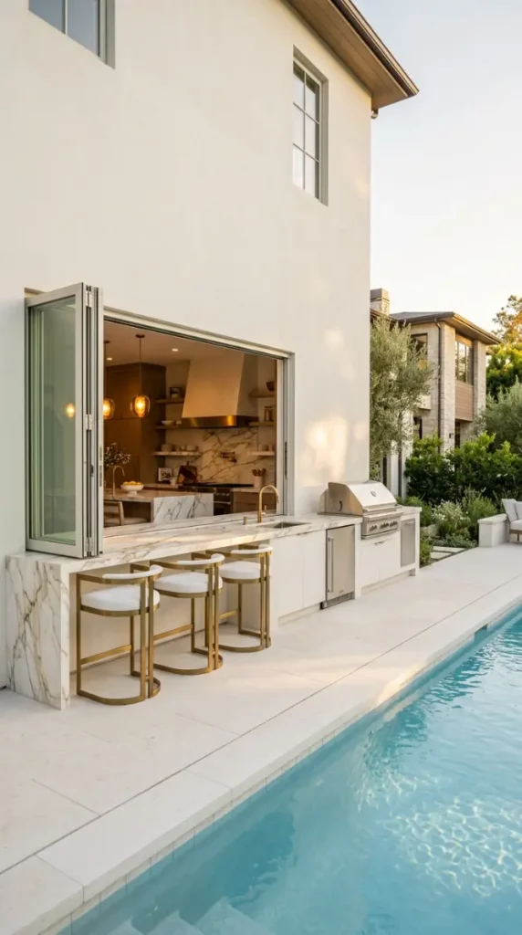 24 Outdoor Kitchen Ideas Luxury Resort Style With Pool 7 7. Fully Equipped Outdoor Kitchen With Pass-Through Window to Indoor Kitchen