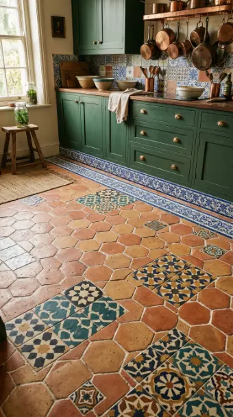 12 Bohemian Kitchen Ideas Global Patchwork Tile Copper Pots 7 7. Global Patchwork Tile Kitchen Floor
