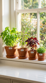 18 Herb Garden Ideas Indoor Kitchen Window Terracotta 7 7. Grow a Dedicated Basil Collection in Terracotta at the Sunny Window