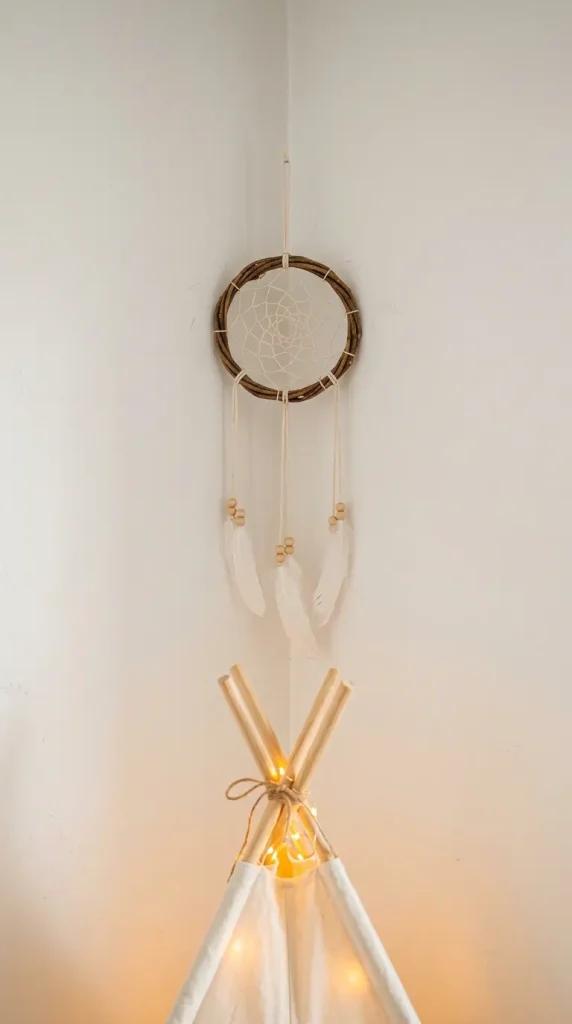 10 Kids Room Corner Decor Inspiration Cozy Reading Teepee 7 7. Hang a Dream Catcher or Macrame Wall Hanging Above the Teepee