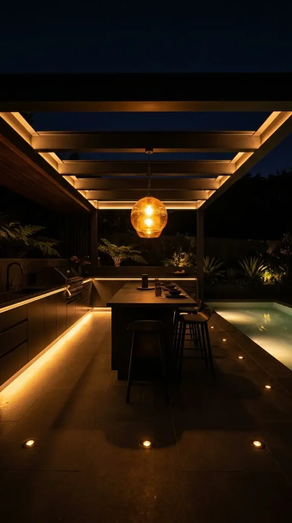 20 High End Outdoor Kitchen Inspiration Dark Moody Style 7 7. High-End Outdoor Kitchen With Dark Moody Lighting Design