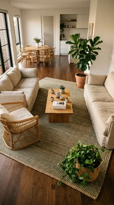 14 Bohemian Rugs Natural Jute Seagrass Earthy Living Room 7 7. Oversized Seagrass Rug Defining an Open-Plan Living Zone