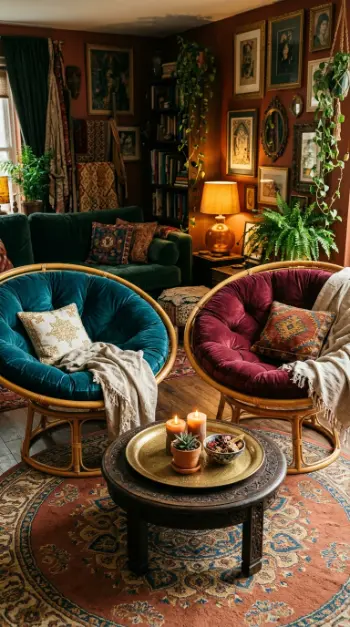 15 Bohemian Chair Ideas With a Cozy Rattan Papasan Look 7 7. Pair of Rattan Papasan Chairs in Bohemian Living Room