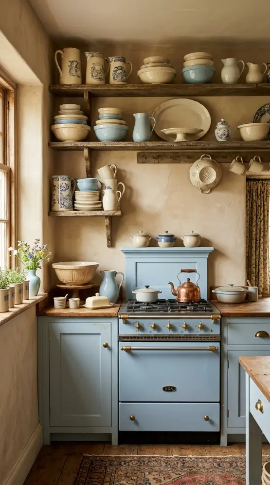 12 Bohemian Kitchen Pale Blue Vintage Range Brushed Gold 7 7. Pale Blue and Cream Bohemian Kitchen With Vintage Ceramics Collection