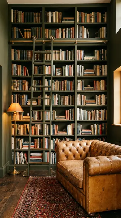 16 Bohemian Living Room Dark Olive Book Wall Chesterfield 7 7. Rolling Library Ladder on Dark Olive Book Wall
