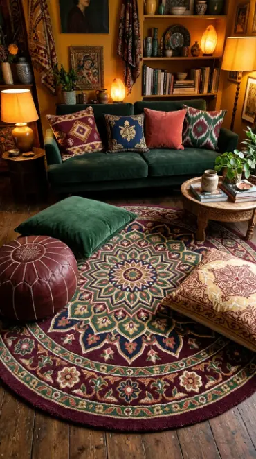 14 Bohemian Rugs Round Mandala Maximalist Colorful Room 7 7. Round Mandala Rug With Matching Round Pouf and Cushion Palette