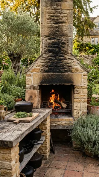 22 Outdoor Kitchen Ideas Rustic Stone With Fireplace 7 7. Rustic Stone Kitchen With Smoke-Blackened Chimney Detail