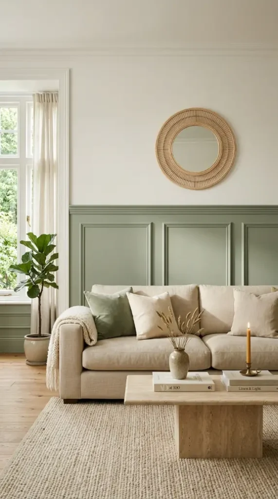 14 Living Room Decor Color Schemes Sage Green Warm White 7 7. Sage Green Painted Panelled Wall With Warm White Upper Wall