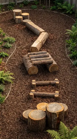 22 DIY Outside Play Area for Kids Natural Log and Stump 7 7. Stump and Log Obstacle Course