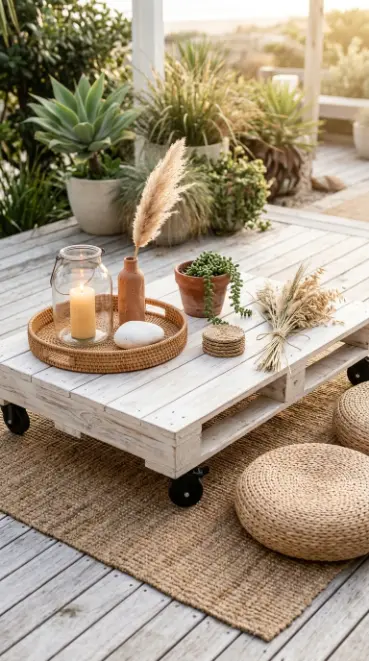 18 Pallet Table DIY Whitewashed Outdoor Patio Wheels 7 7. Style the Whitewashed Pallet Table as a Coastal Boho Outdoor Vignette