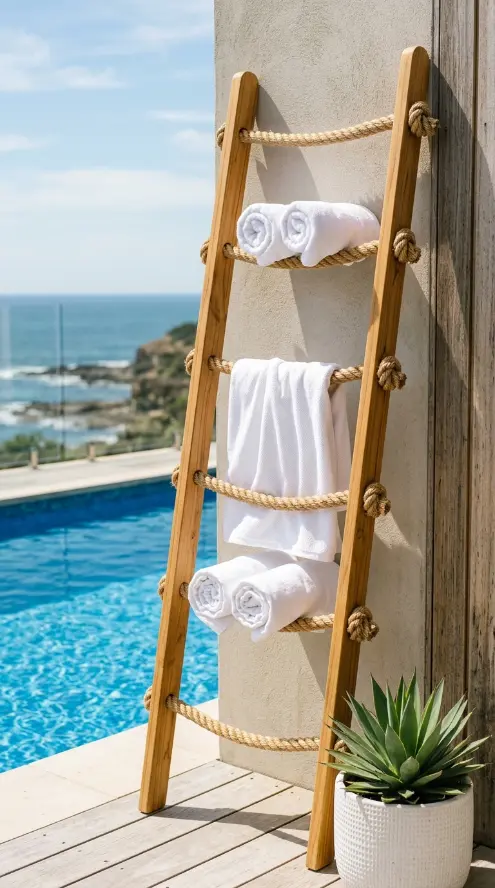 20 Pool Towel Rack Ideas Luxury Teak Ladder Spa Style 7 7. Teak Towel Ladder with Rope Rungs