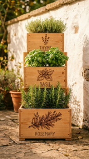 17 Herb Planter Ideas DIY Tiered Wooden Crate Stand 7 7. Tiered Crate Stand With Hand-Burned Botanical Labels