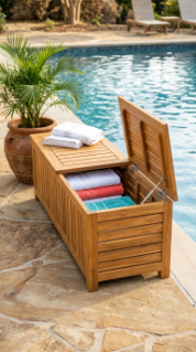 18 Pool Towel Storage Ideas to Keep Your Pool Area Tidy 7 7. Use a Storage Bench With a Ventilated Lid for Dual-Purpose Function