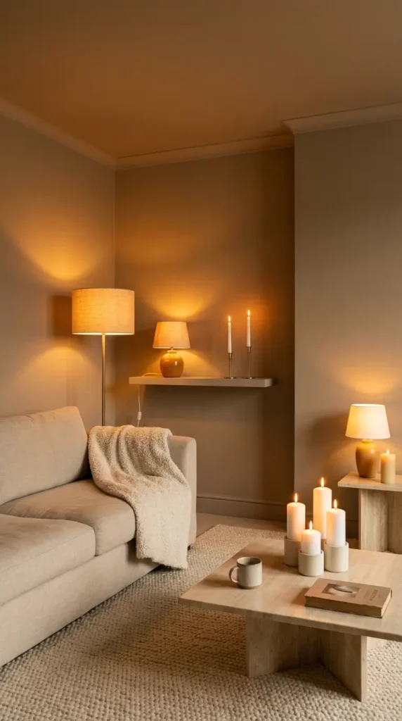 15 Cozy Minimalist Living Room Warm Greige Color Drenched 7 7. Warm Greige Color Drench With Single Painting as Sole Art
