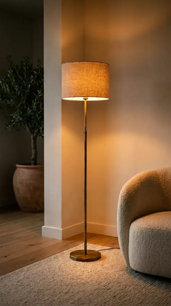 18 Minimalist Living Room Decor Ideas Warm Texture Curved 8 8. Add a Slim Brass Floor Lamp as the Room's Warm Ambient Light Source