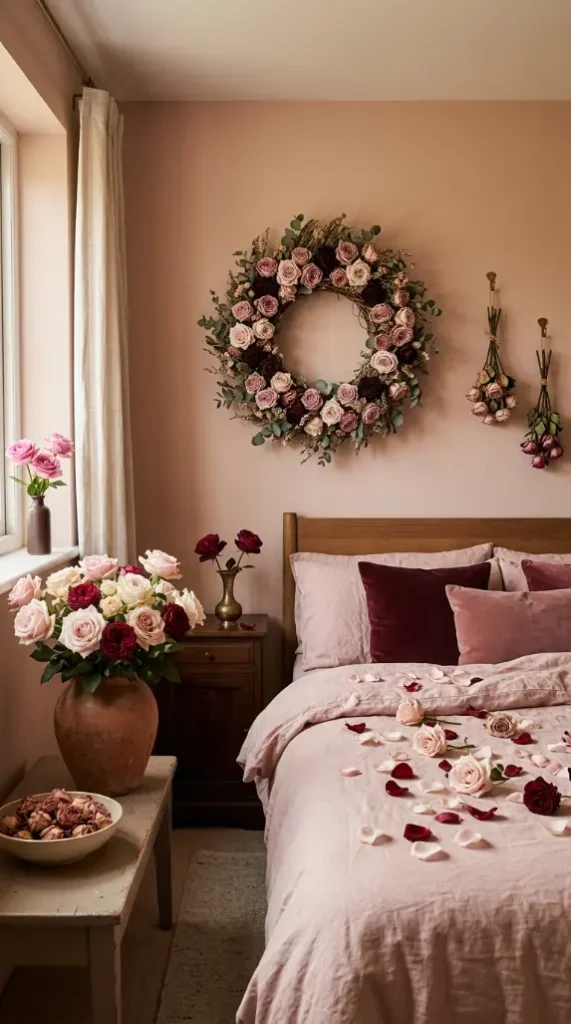 15 Bedroom Decor Colorful Blush Burgundy Romantic Style 8 8. Blush and Burgundy With Fresh and Dried Rose Styling