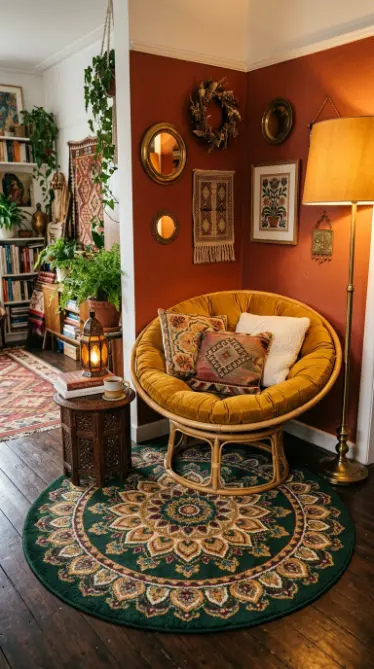 14 Bohemian Rugs Round Mandala Maximalist Colorful Room 8 8. Bohemian Reading Nook With Small Round Mandala Rug