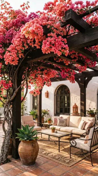 18 Outdoor Living Space Design Spanish Revival Arched Tile 8 8. Bougainvillea-Covered Pergola Over Outdoor Living Area