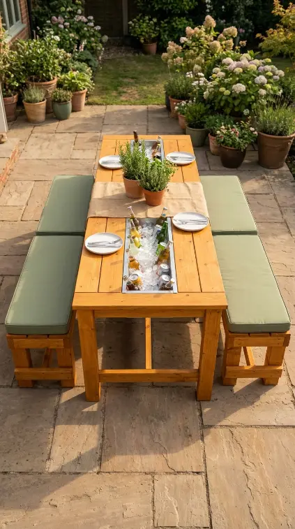 18 Pallet Table Outdoor Built-In Ice Cooler Party Table 8 8. Build a Pallet Cooler Party Table With Matching Pallet Bench Seats