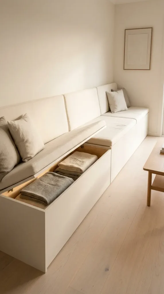 13 Minimalist Living Room Small Spaces Built-In Storage 8 8. Built-In Bench Seat With Lift-Up Storage in Narrow Hallway-Adjacent Living Room