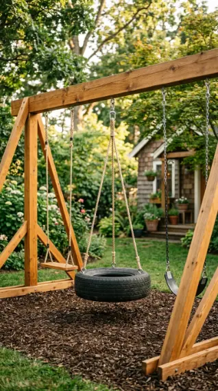 22 DIY Kids Playground With Cedar Swing Set and Slide 8 8. Cedar Swing Set With Tire Swing