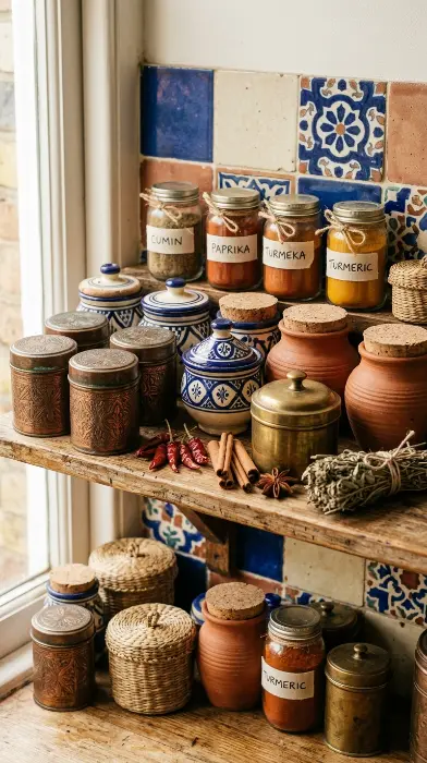 12 Bohemian Kitchen Ideas Global Patchwork Tile Copper Pots 8 8. Copper and Ceramic Global Spice Collection Display