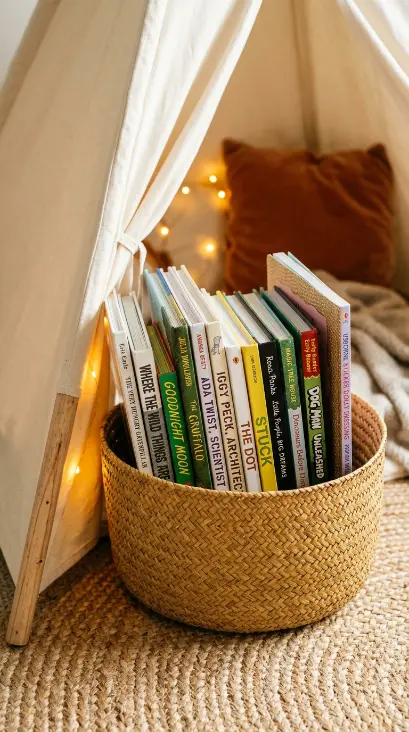 10 Kids Room Corner Decor Inspiration Cozy Reading Teepee 8 8. Create a Small Basket Library Beside the Teepee for Easy Book Rotation