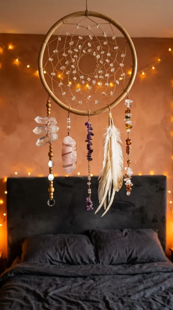 18 Bohemian Bed Dark Charcoal Fairy Light Dreamcatcher 8 8. Crystal and Feather Dreamcatcher With Quartz Point Tails