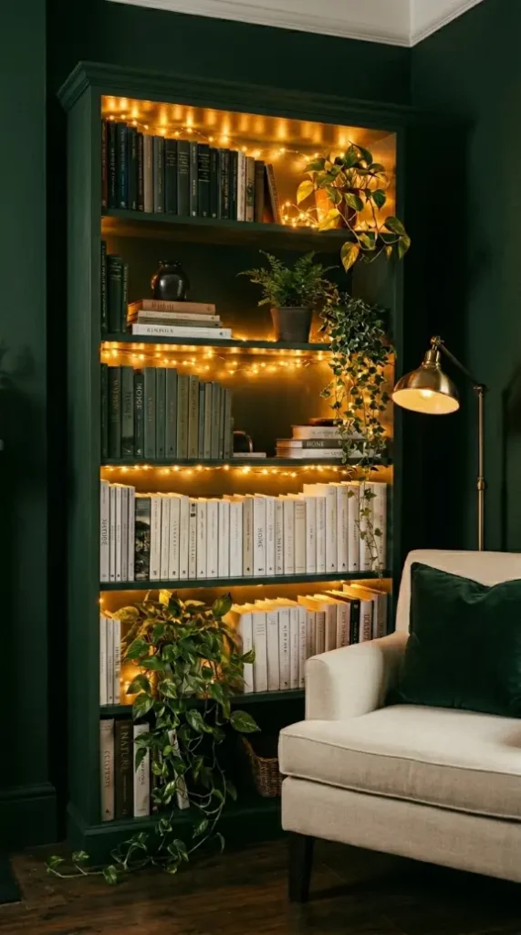 22 Cozy Warm Bedroom Aesthetic Dark Green Fairy Lights 8 8. Dark Green Bookshelf Fairy Lights — Cozy Reading Nook