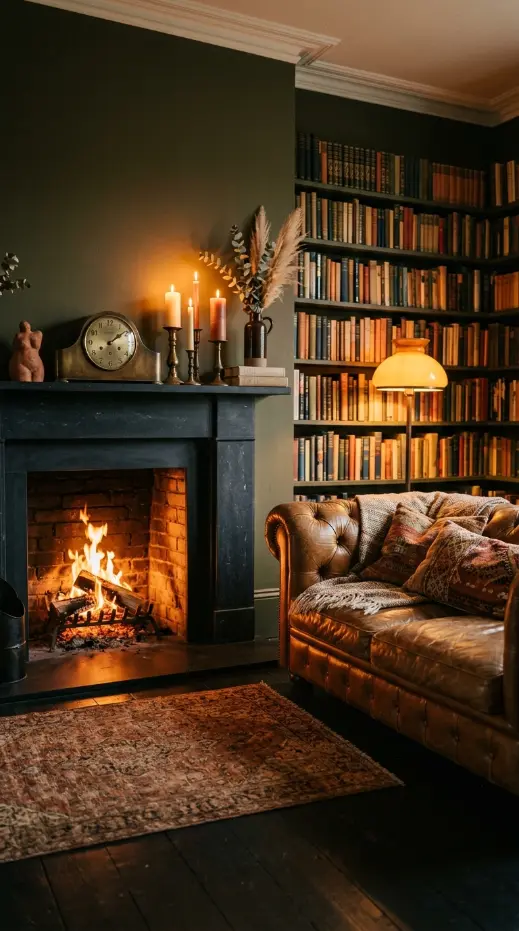 16 Bohemian Living Room Dark Olive Book Wall Chesterfield 8 8. Dark Olive Living Room With Fireplace and Candlelight